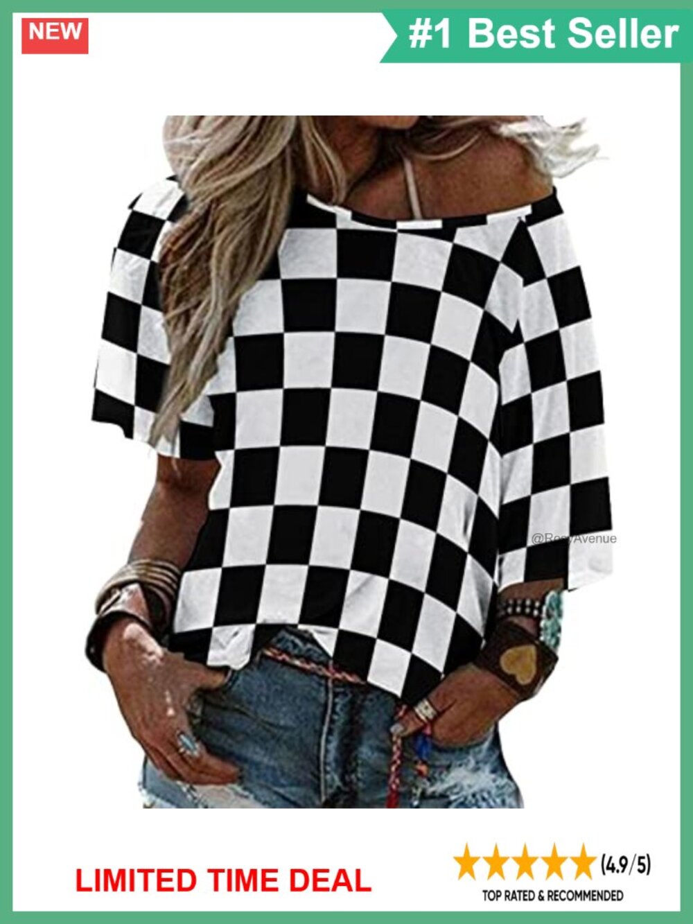 Womens Off Shoulder Checkered Flag Print Short Sleeve T-Shirt Casual Loose Fit